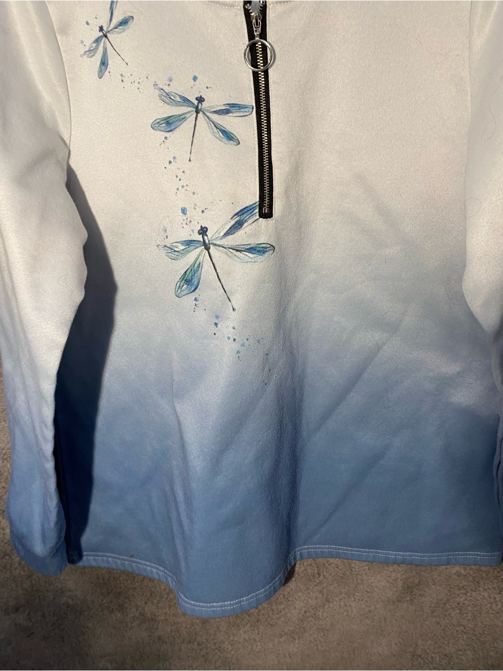 Womens Blue White Ombre Dragonfly Quarter Zip Pullover Sweatshirt Size XL - Picture 2 of 11